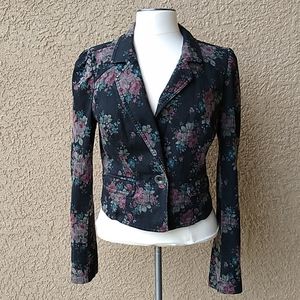Free People Floral Denim Blazer Cropped Jacket